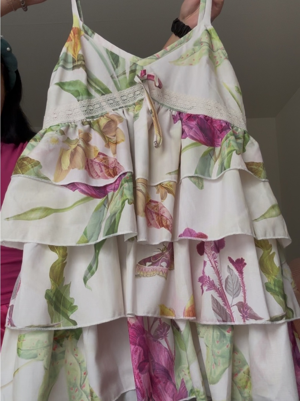 PrettyLittleThing White Tiered Ruffle Floral Mini Dress - Pink & Green